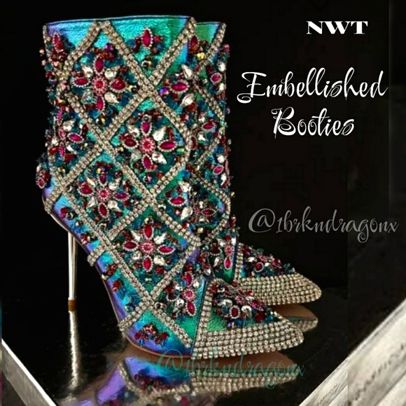 Azalea Wang Iridescent Art Deco Crystal Beaded Dress Stiletto Booties - Picture 12 of 17